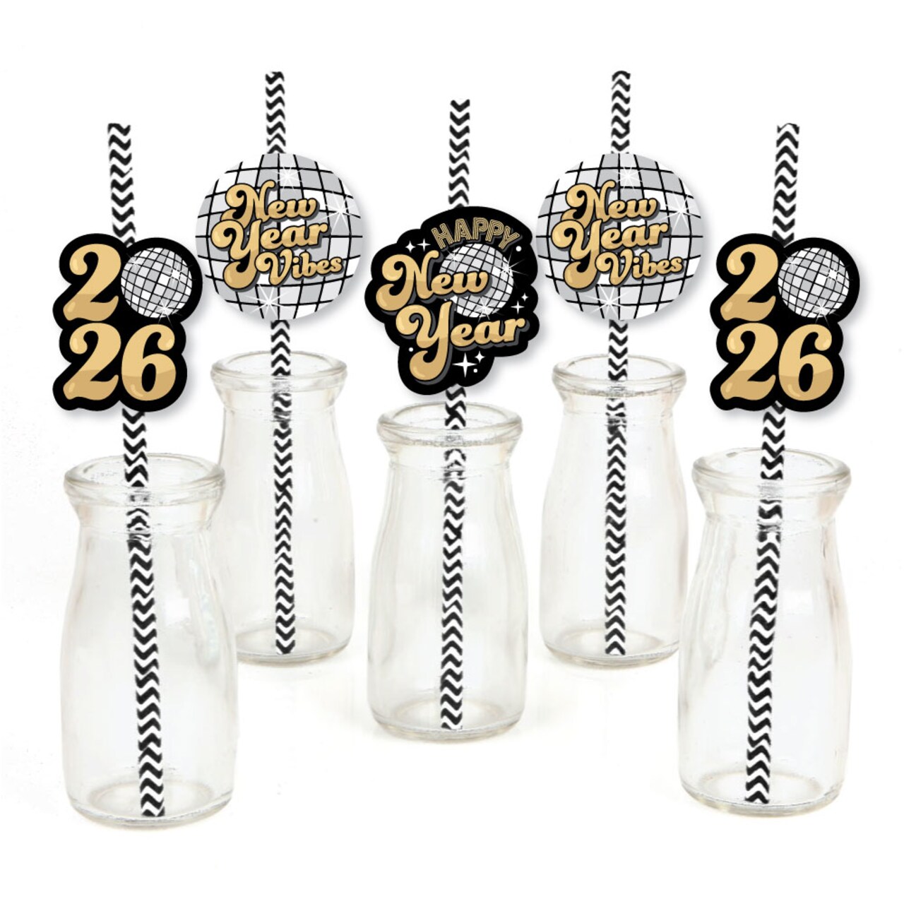 Big Dot of Happiness Disco New Year - Paper Straw Decor - Groovy 2026 NYE Party Striped Decorative Straws - Set of 24